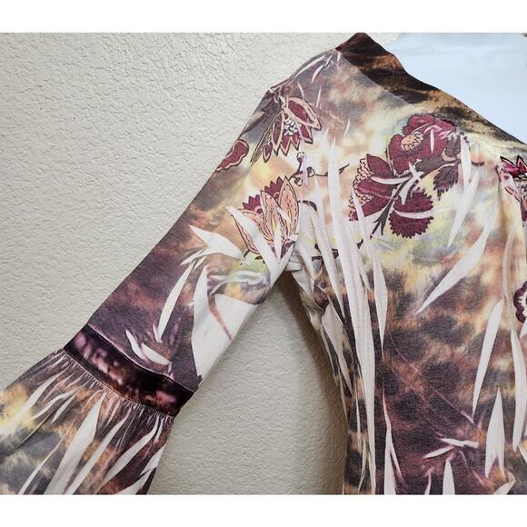 California Bloom Burgundy Green Floral Print Pleated Top Large Bell Sleeves Soft - Picture 3 of 6